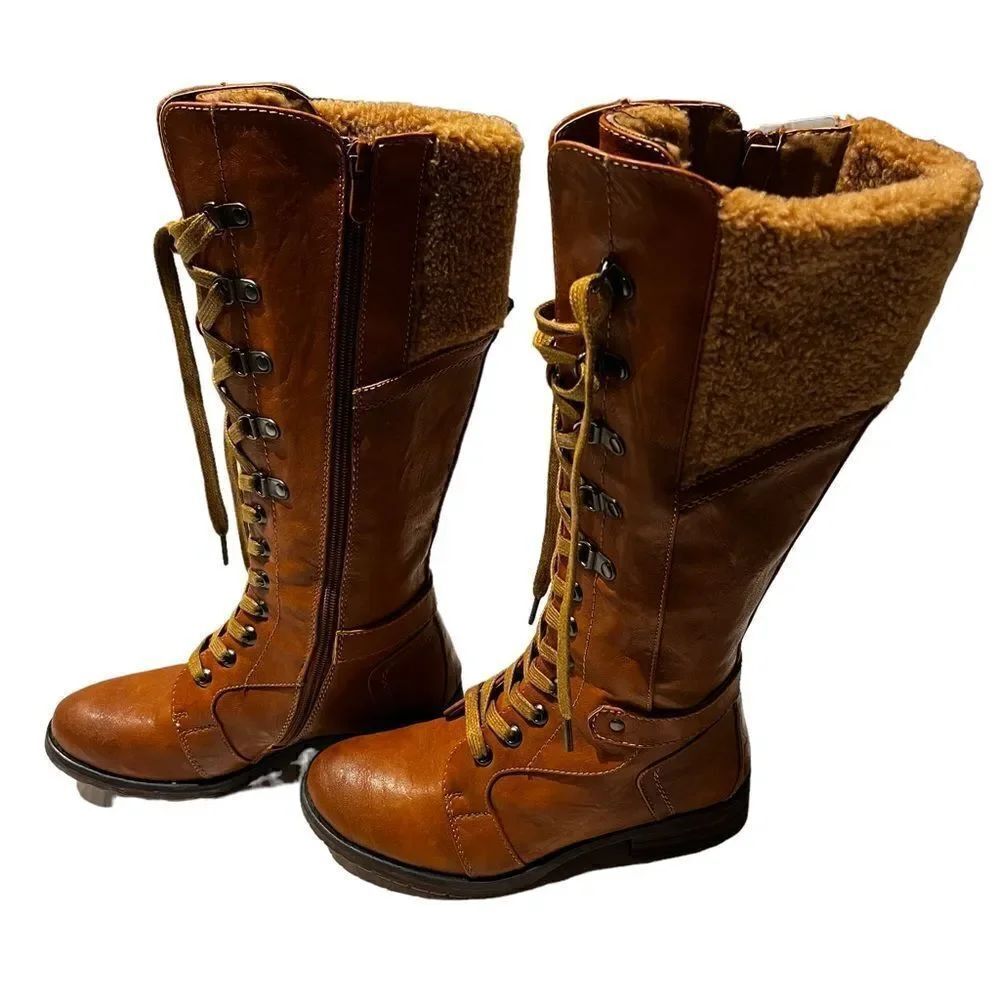 Patrizia Women's Lace up Calf Boots Brown with fleece trim Size 36